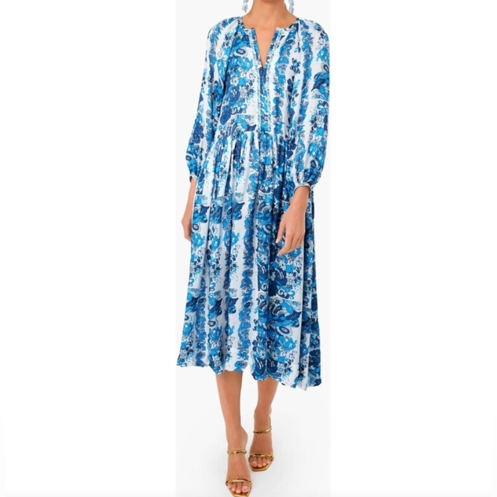 NEW Alix of Bohemia 100% Silk Midi Dress Women’s S Blue & White Wedding Floral